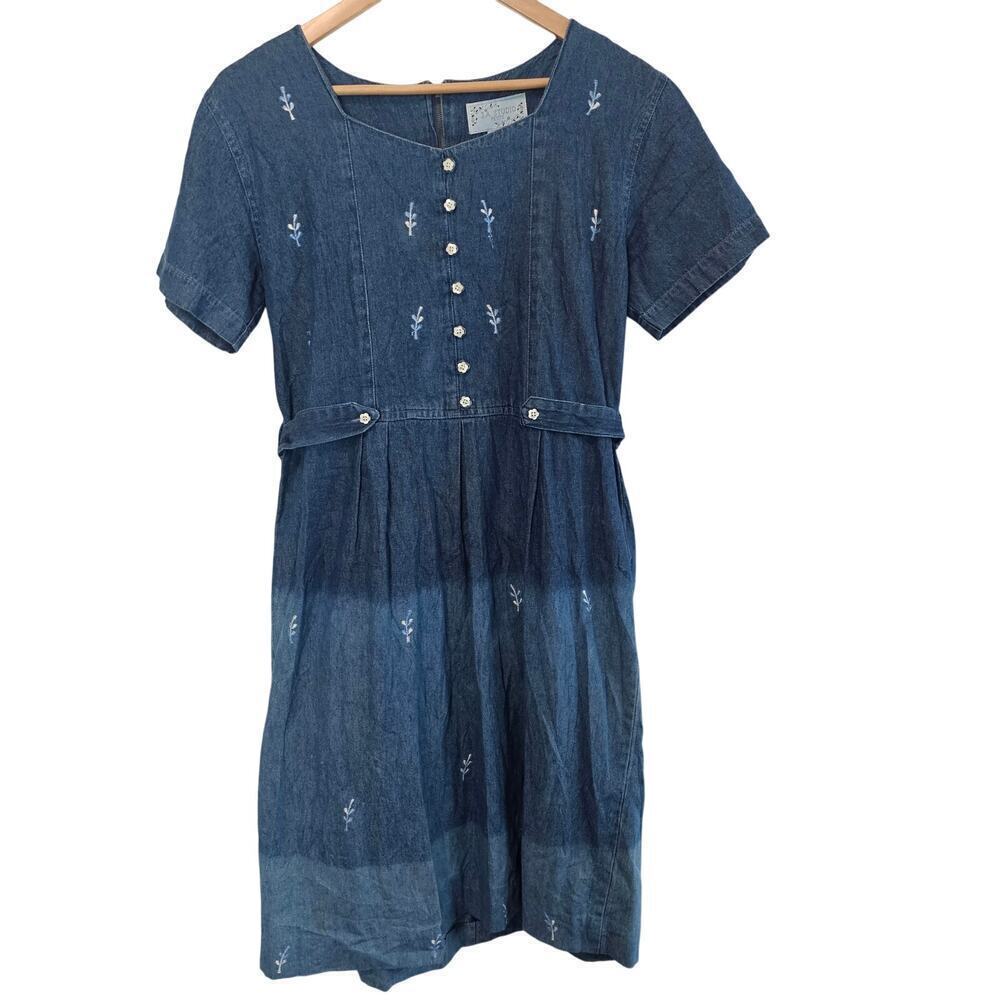 Vintage Denim Dress Women Medium 90s Midi Blue Floral Cottage Granny Prairie